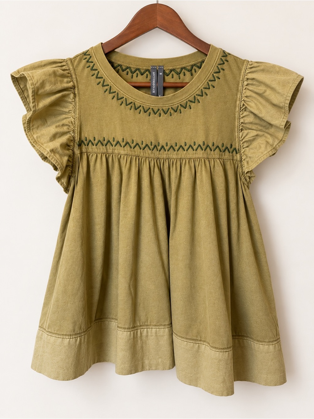 Anthropologie Olive Flutter-Sleeve Embroidered Babydoll Top